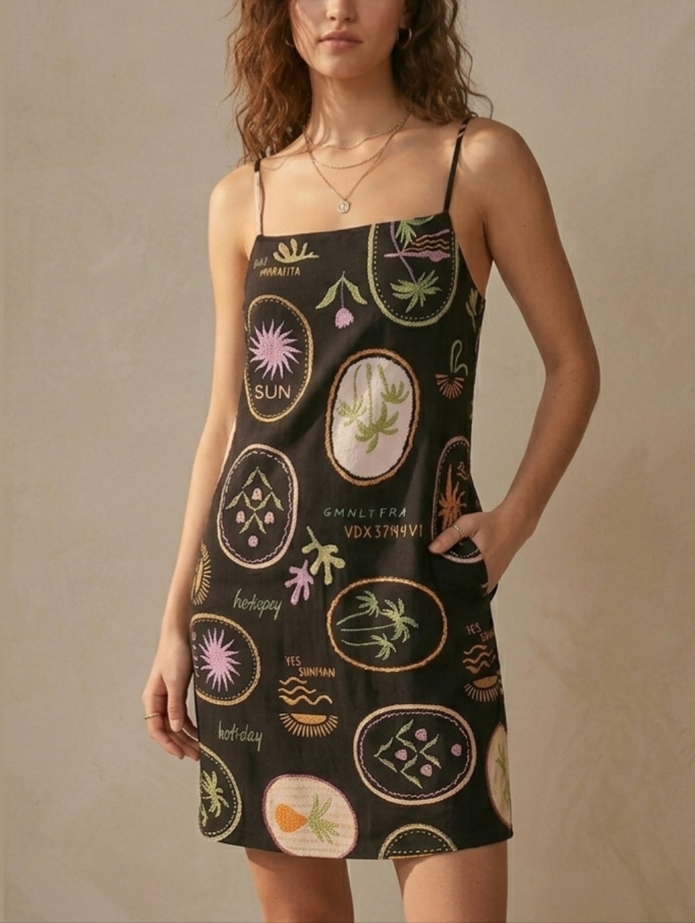 NWT XS Monteau La Dolce Vita Black Linen Blend Dress with Colourful Designs